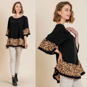 Umgee Black Tunic with Leopard Print Ruffle Trim